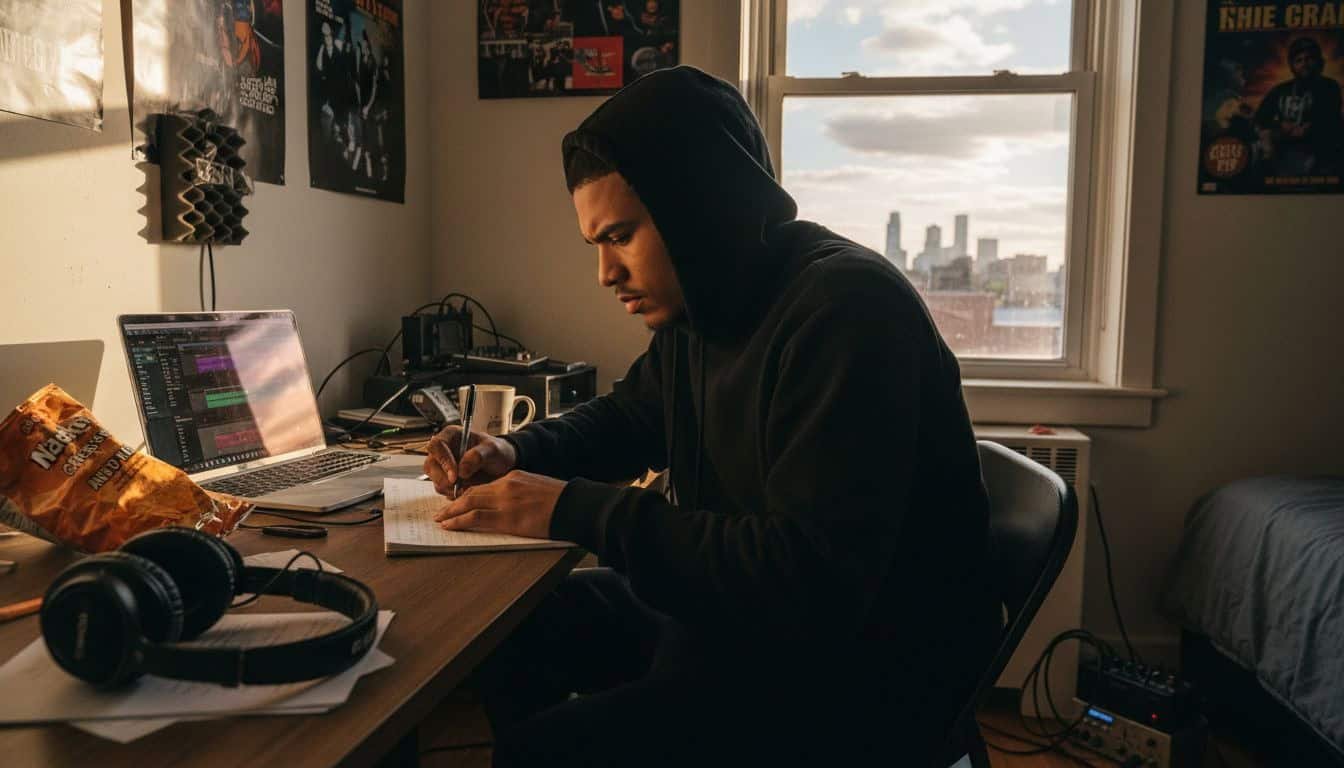 Young rapper writing lyrics in home studio