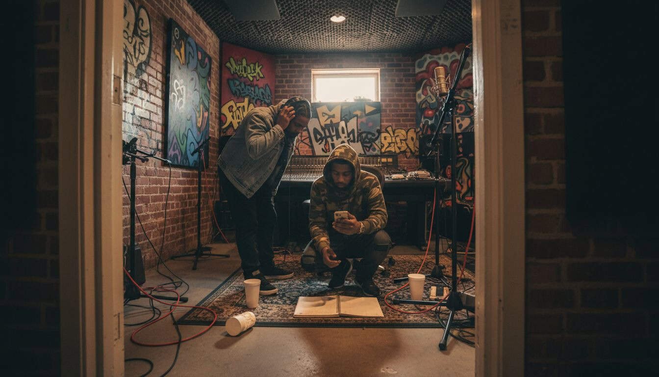 Two hip hop artists collaborating in studio