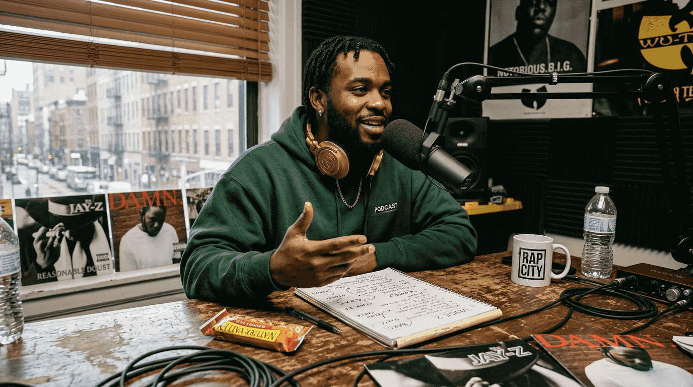 Hip-hop commentator in studio setting