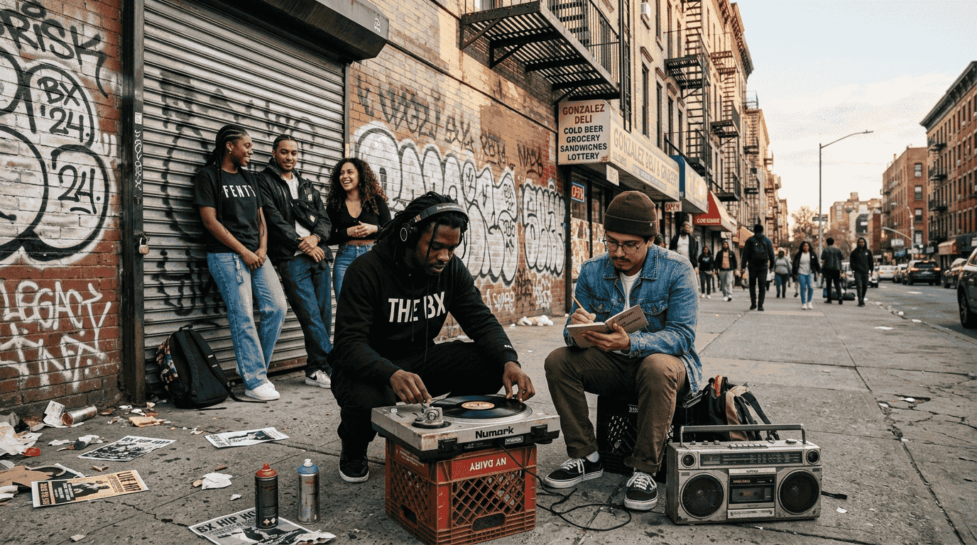 Hip-hop artists gather on graffiti-tagged city street