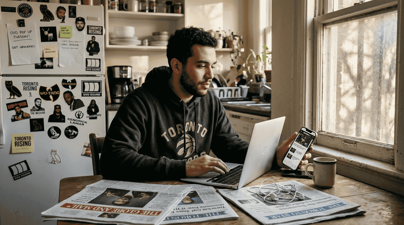 Canadian hip-hop fan browsing news websites