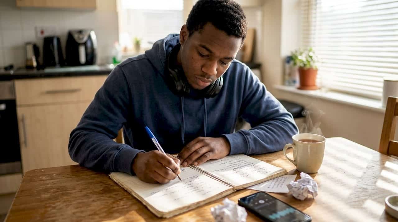 Young man writing rap lyrics at kitchen table