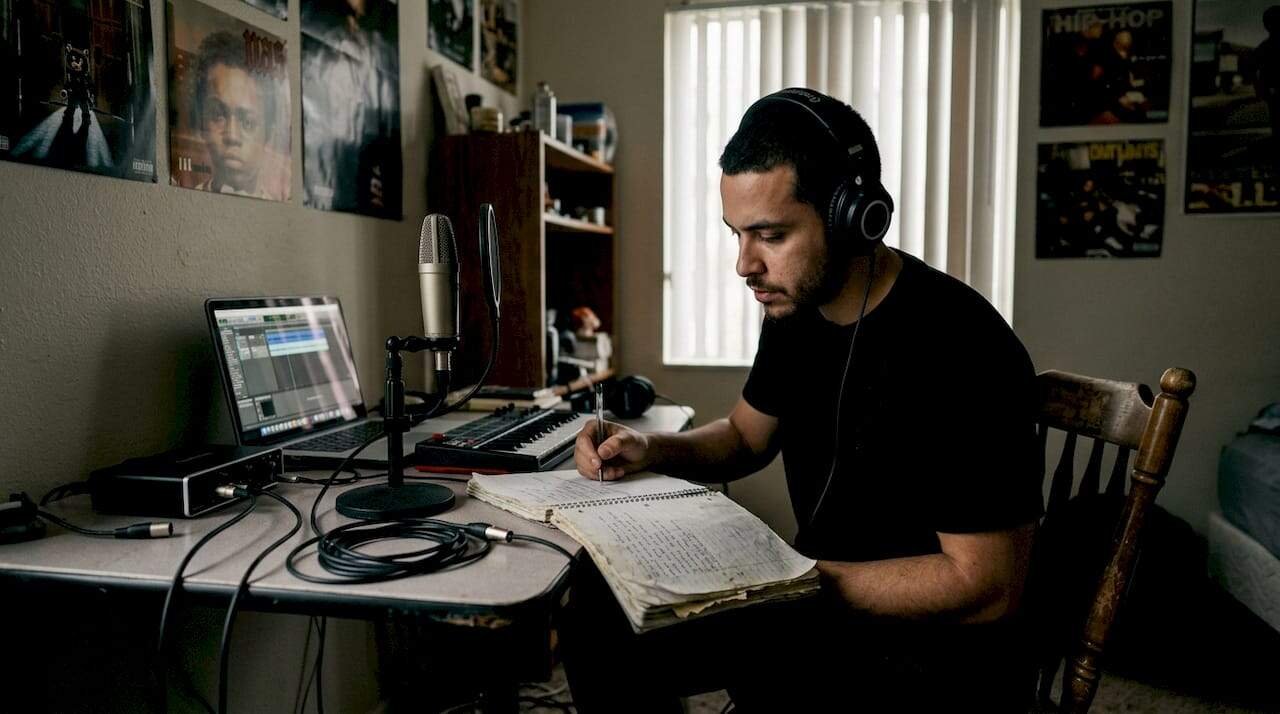 Rapper writing lyrics in home studio setting