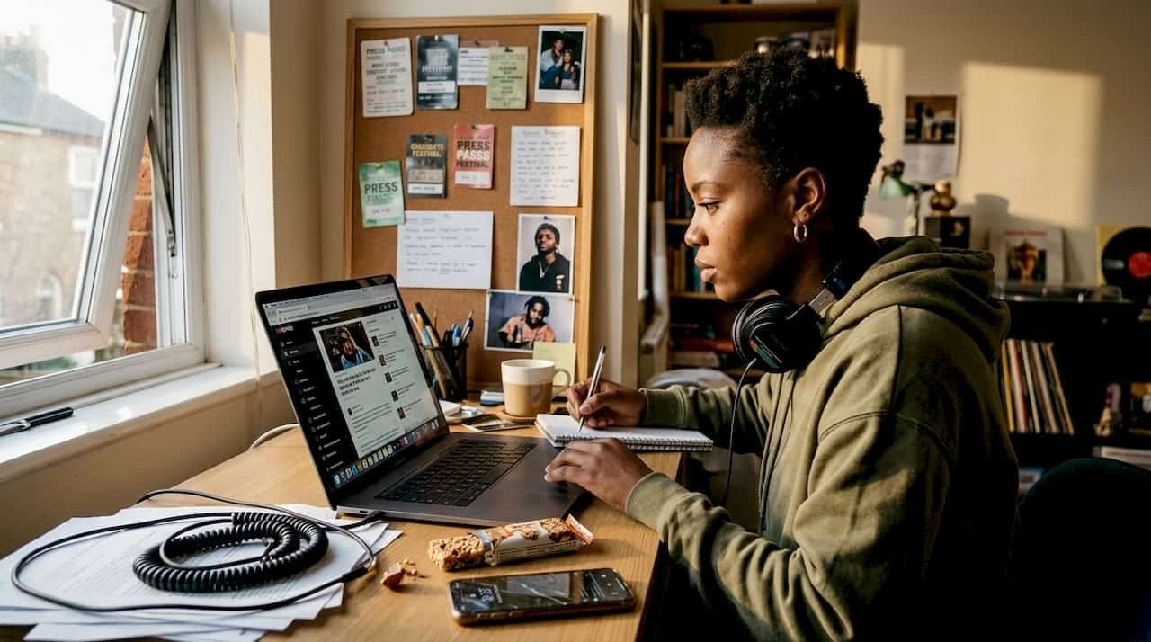 Hip-hop journalist checking news at desk
