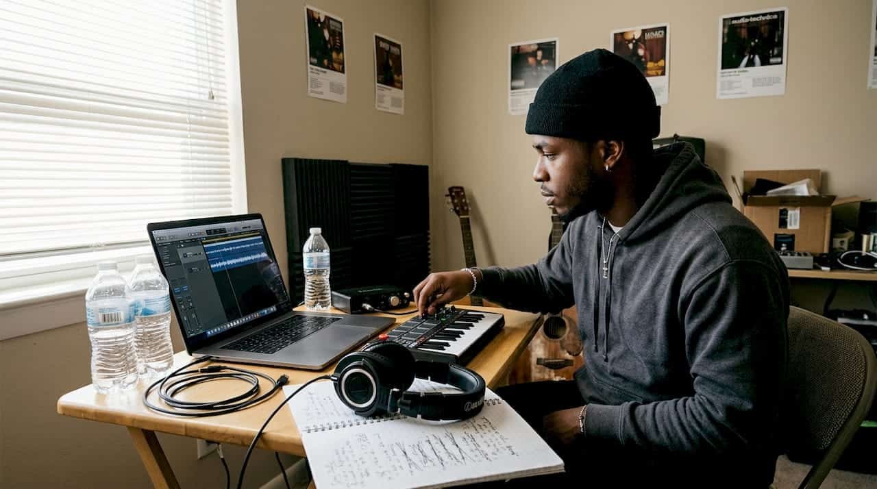 Hip-hop artist working in home studio