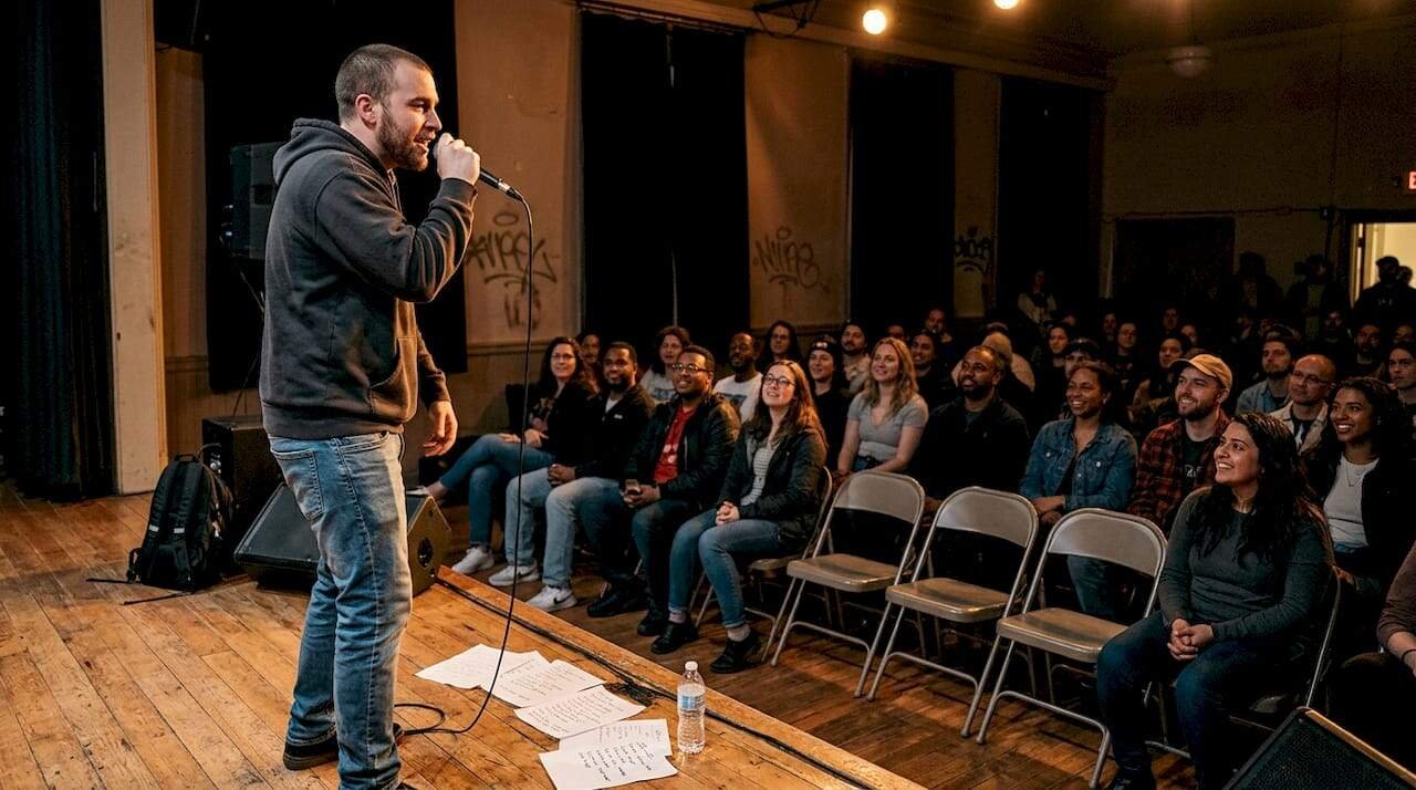 Rap artist performing on community stage