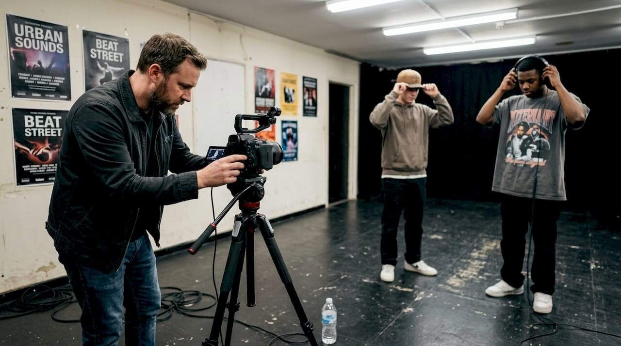 Director and rappers in hip hop video studio