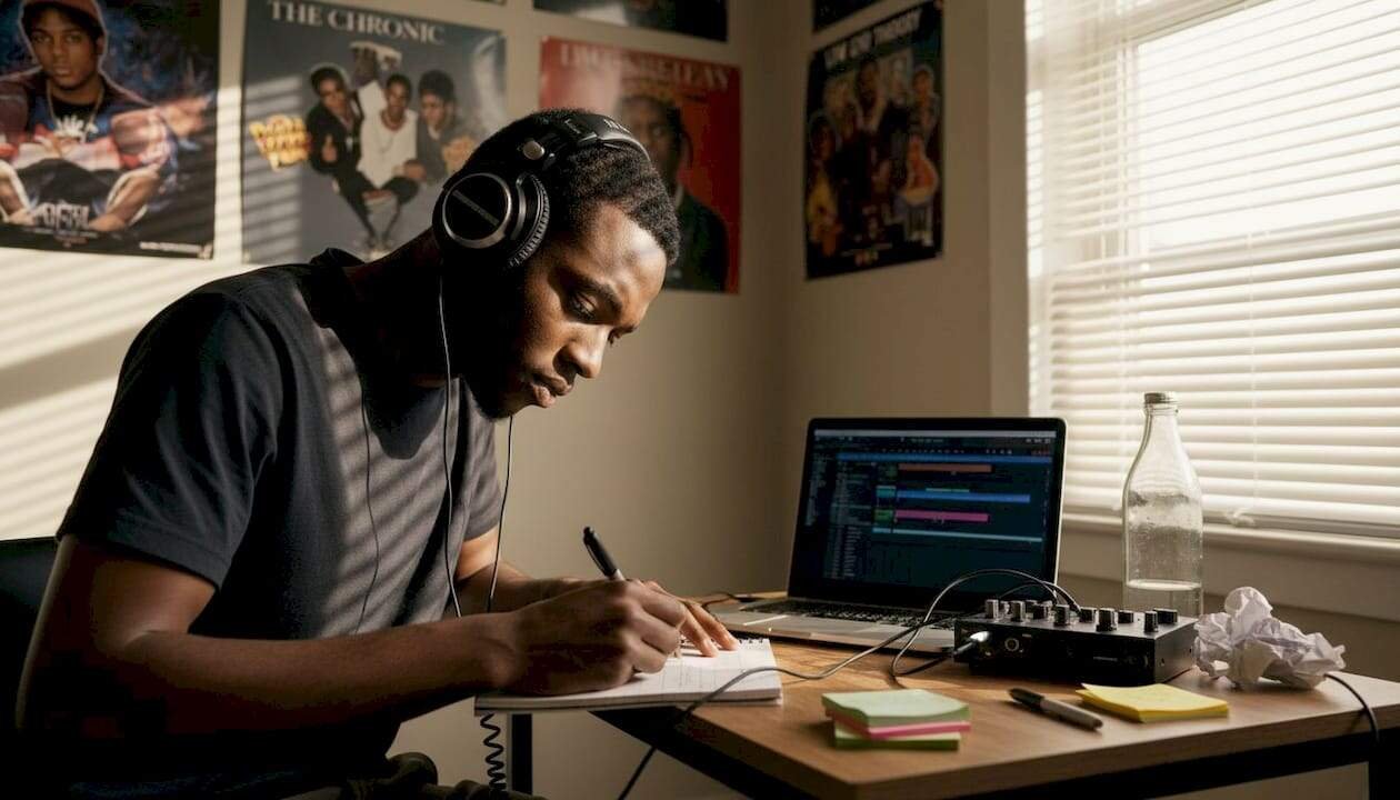 Hip-hop songwriter writing lyrics in home studio