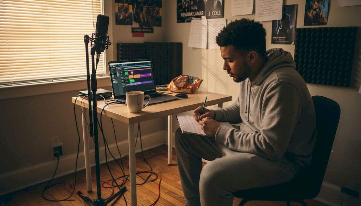 Rapper writing lyrics in home recording studio