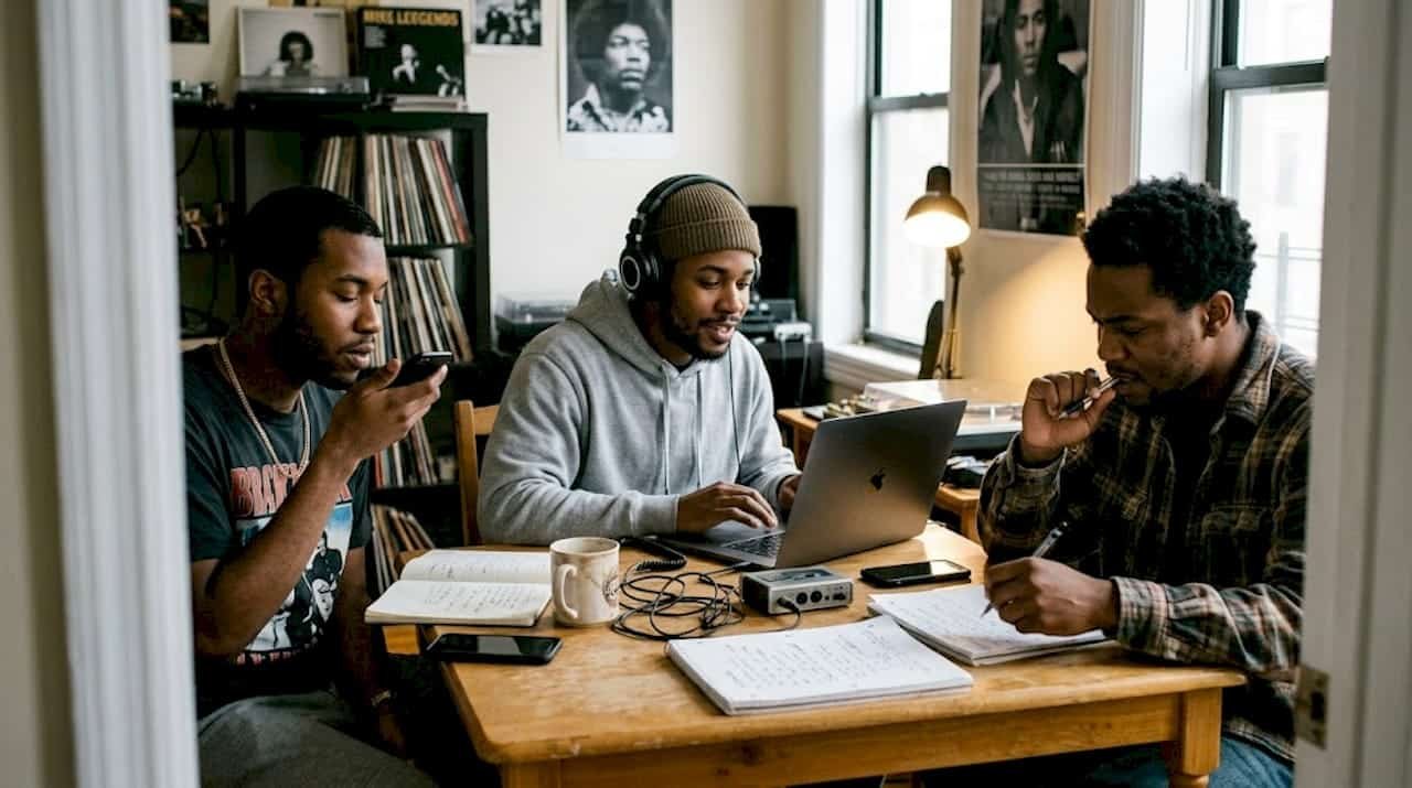 Rap artists collaborating in a home studio
