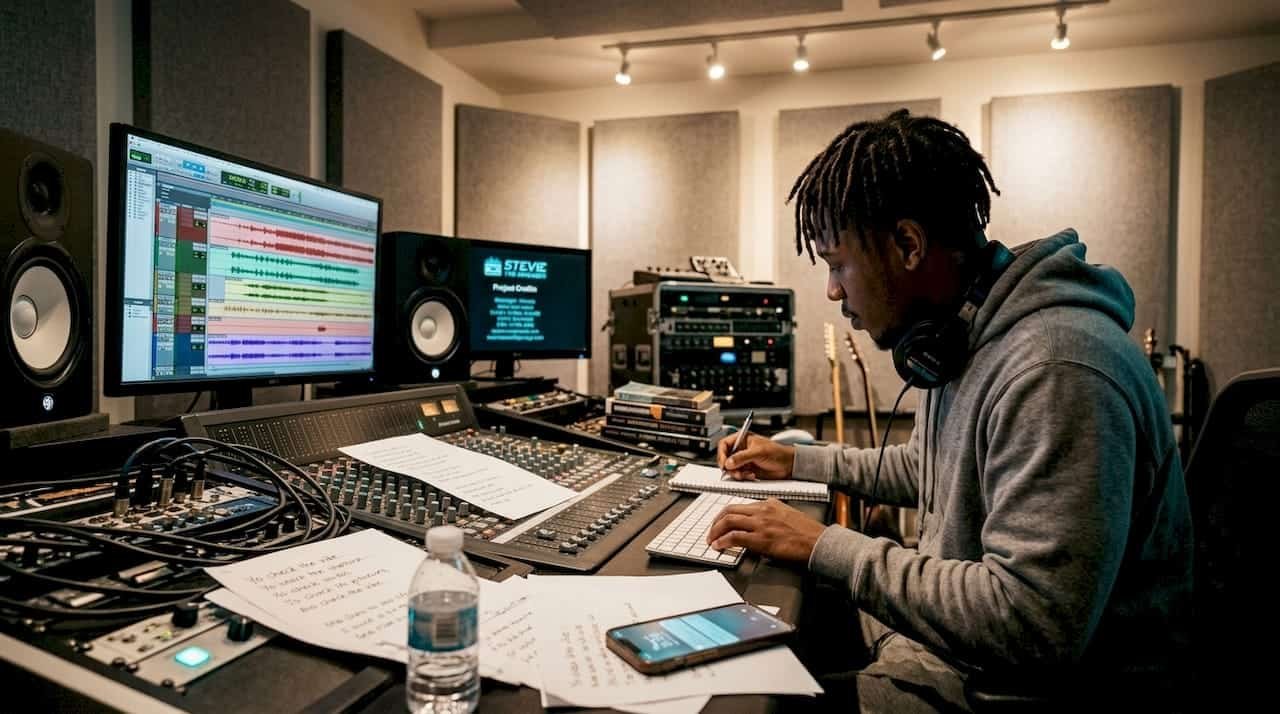 Rapper working in recording studio on album