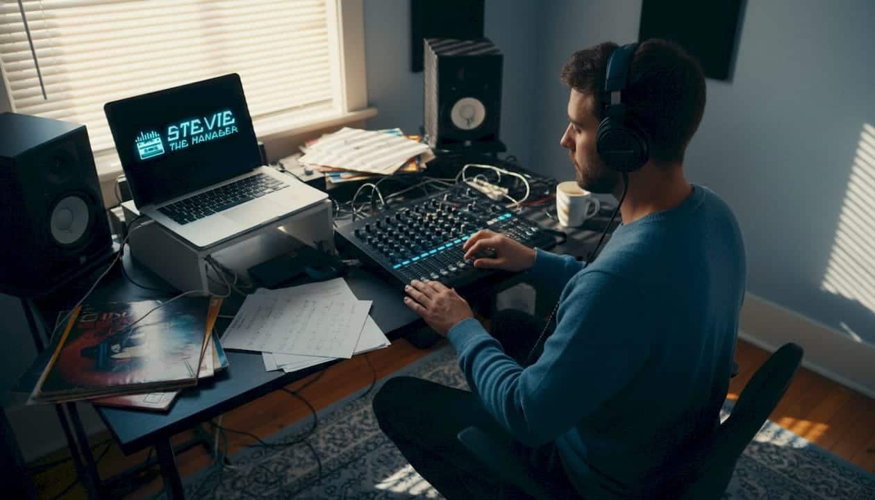 Producer working in indie rap home studio