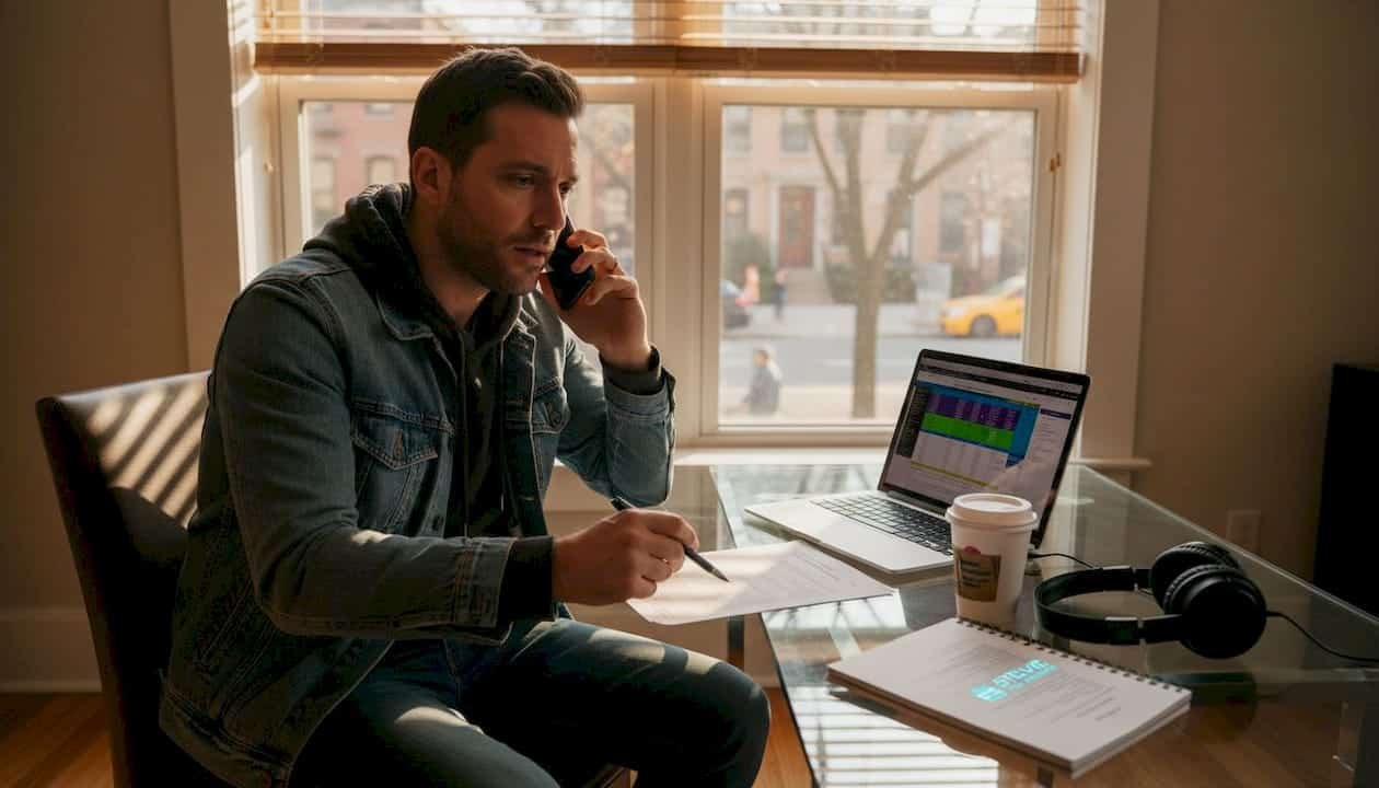 Rap manager reviewing contract in home office