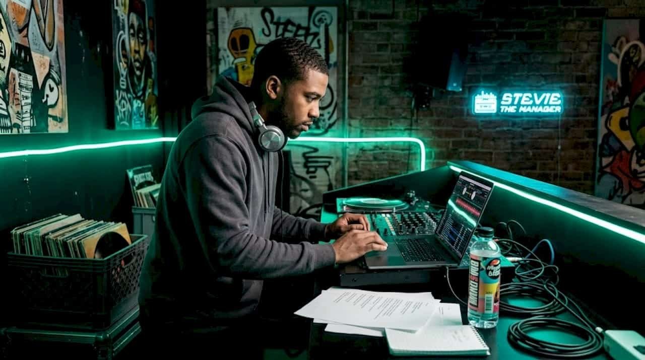 Rapper working at mixing console in studio