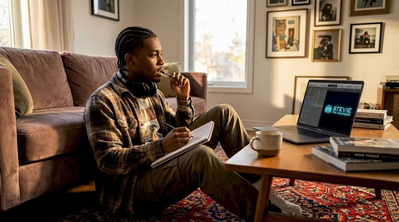 Rapper writing lyrics in home studio