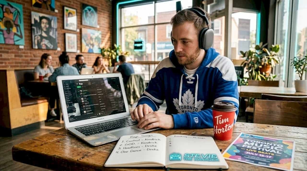 Man updates rap playlist at kitchen table