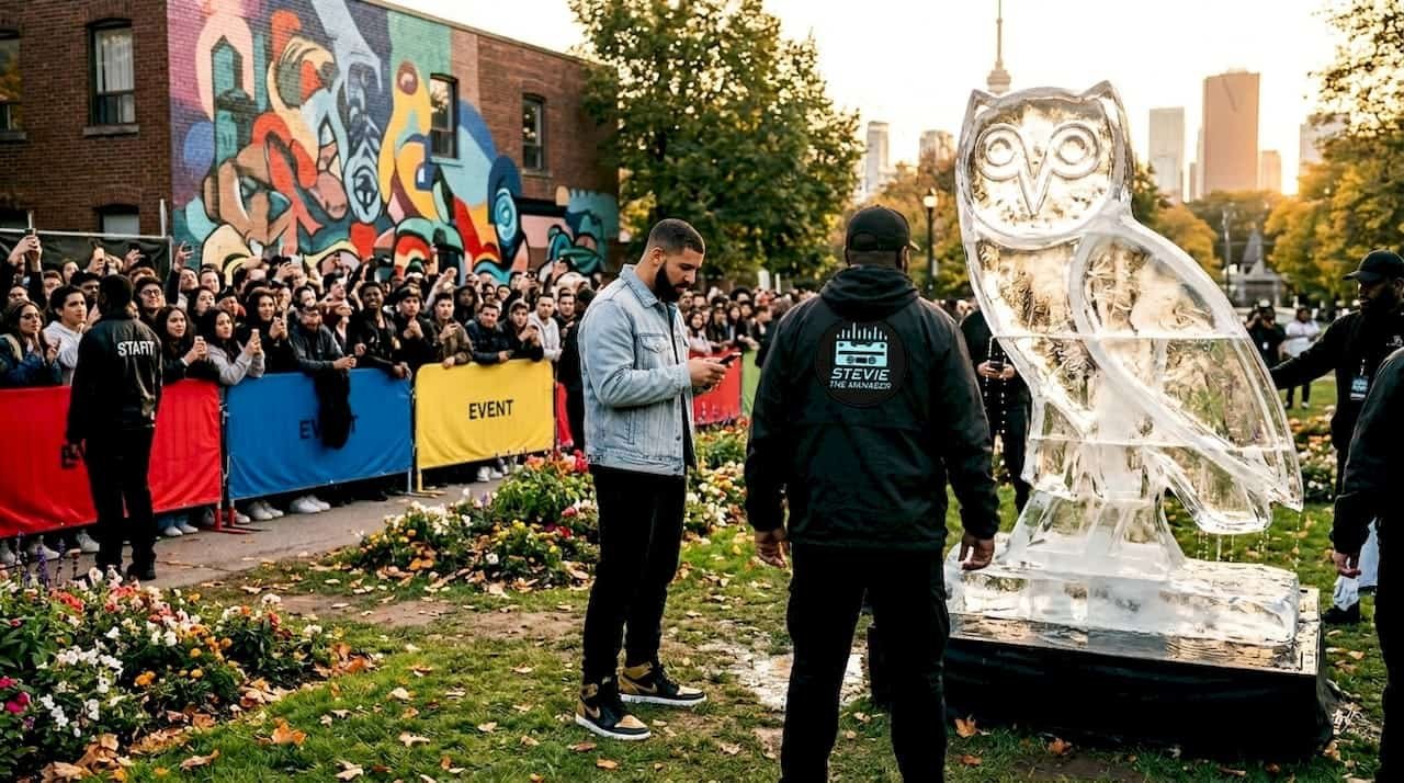 Drake beside ice-block stunt at Toronto plaza