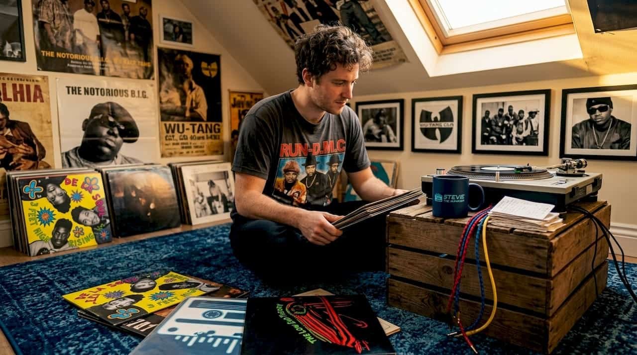 Person surrounded by vintage rap albums at home