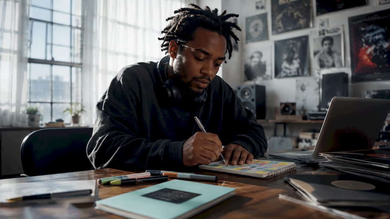 Kendrick Lamar in recording studio mixing music