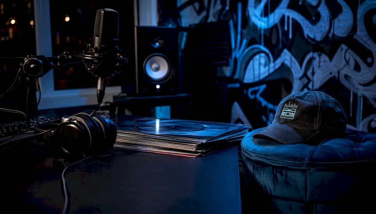 Music studio corner with headphones and basketball