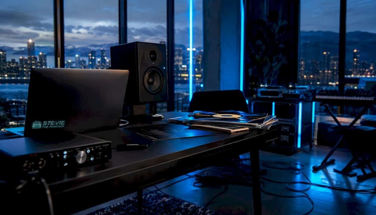 Music blogging workspace with audio equipment and promo materials