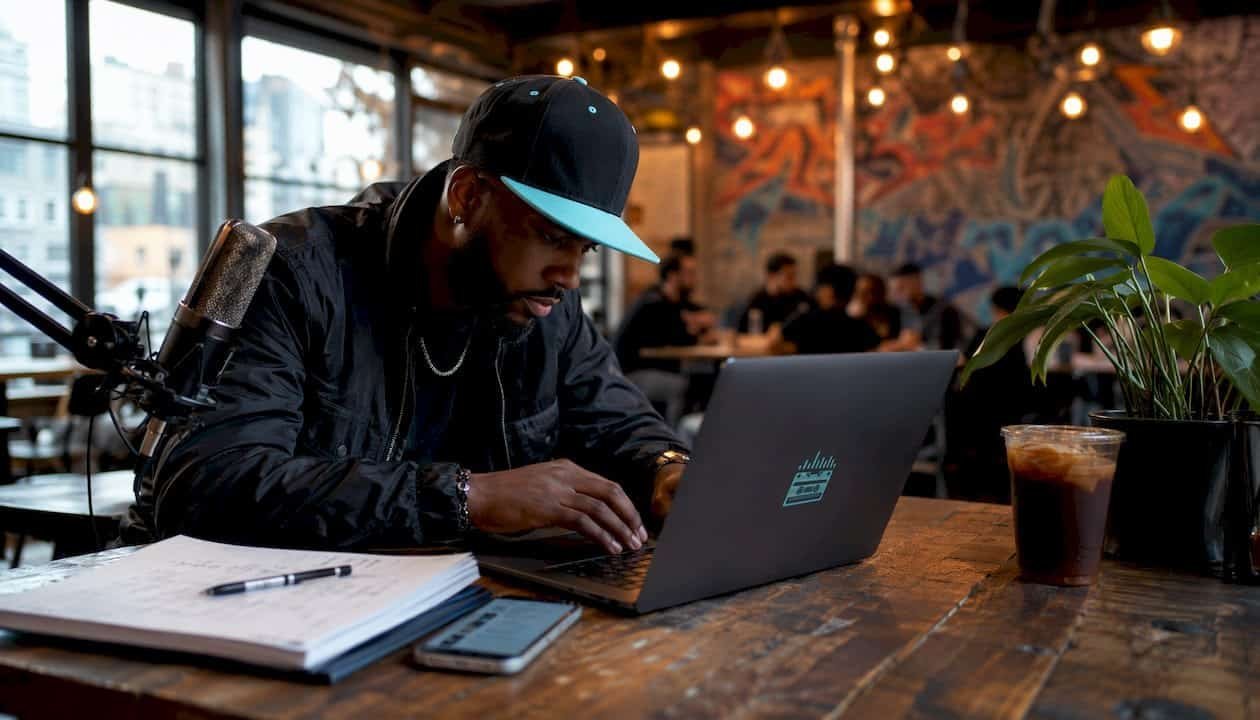Hands typing pitch email at music blogger’s desk