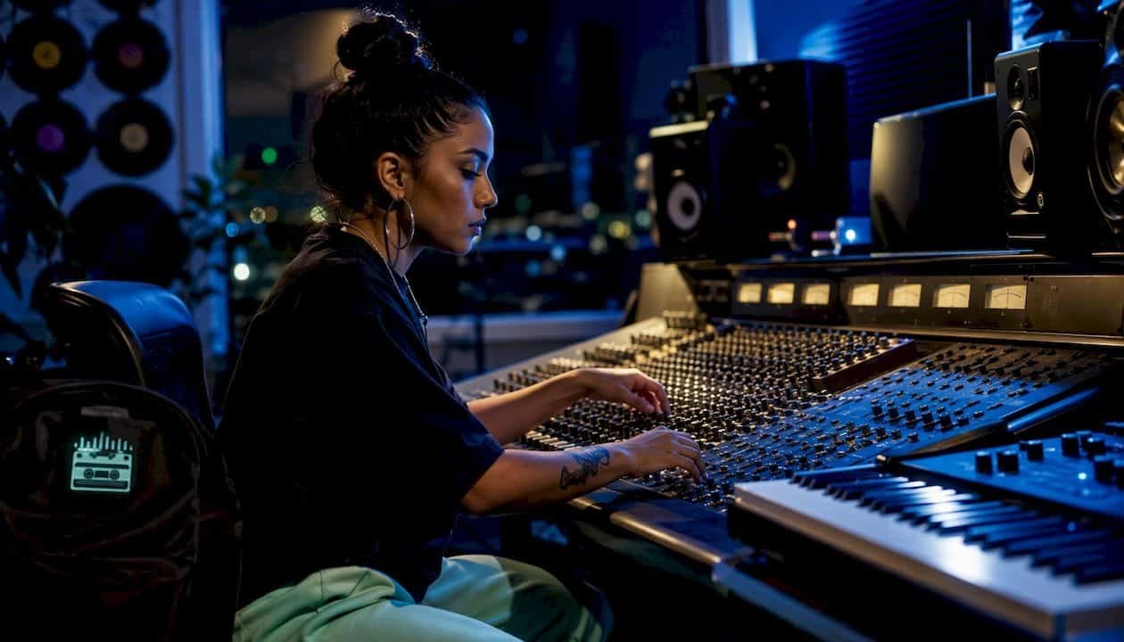 Music producer adjusting mixing board in home studio