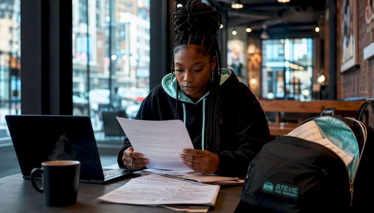 Emerging artist reviewing music contract at desk