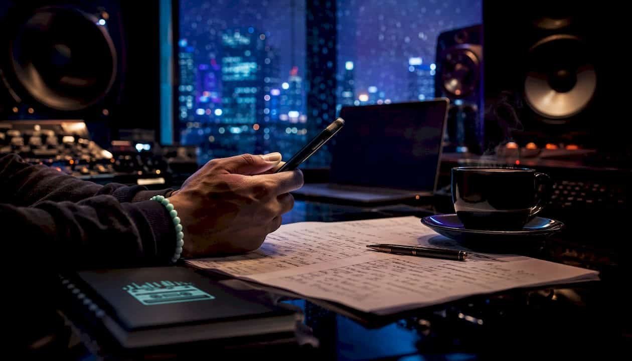 Hands holding phone with music pitch notes on table