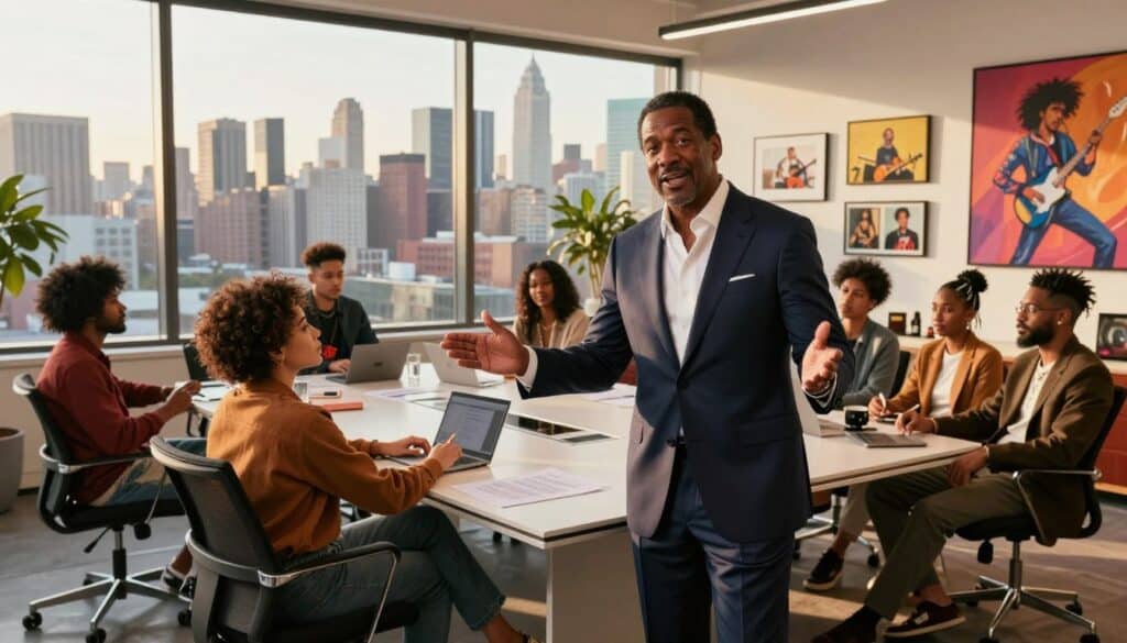 A charismatic African American man in his 50s, dressed in a tailored suit, stands confidently in the foreground, embodying the essence of entrepreneurship in the music industry. He gestures toward a sleek, modern office space filled with music memorabilia and vibrant art representing the Roc Nation brand. In the middle ground, a diverse group of young professionals collaborate at a stylish conference table, analyzing plans for new business ventures. The background features a panoramic view of a bustling city skyline during golden hour, with warm sunlight streaming through large windows. The overall atmosphere is vibrant, energetic, and innovative, capturing the spirit of expansion in the music business landscape. The image should be captured with a wide-angle lens to emphasize depth, with soft shadows and natural lighting creating an inviting ambiance.