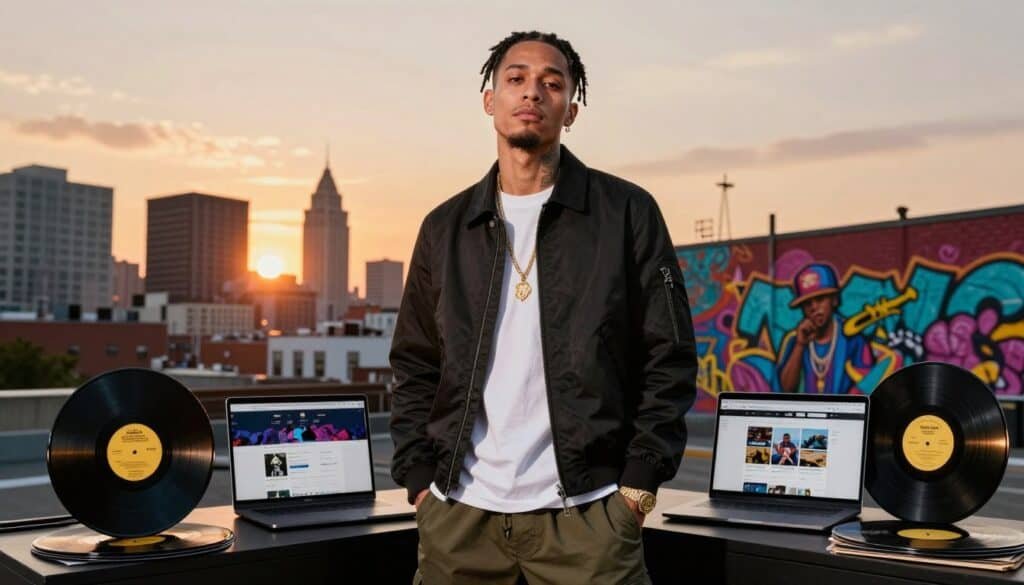 Stevie The Manager aka Stangr The Man on rooftop with vinyl records and city skyline.