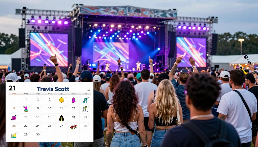 A dynamic and vibrant image depicting Travis Scott's tour dates showcased creatively. In the foreground, a stylish calendar with marked dates representing various festival performances, featuring colorful icons symbolizing music and excitement. In the middle ground, a bustling crowd filled with diverse fans, dressed in casual yet trendy outfits, enthusiastically enjoying the atmosphere. In the background, a large outdoor stage illuminated with bright stage lights in hues of purple and blue, with abstract visuals projected onto a screen, creating a lively festival scene. The mood is electric and celebratory, capturing the essence of live music experiences. The lighting is vibrant, with a focus on the crowd and stage, highlighting the excitement of Travis Scott's performances across various locations.