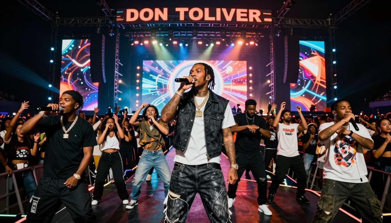 Stevie The Manager performing on stage at Don Toliver's concert in 2026.