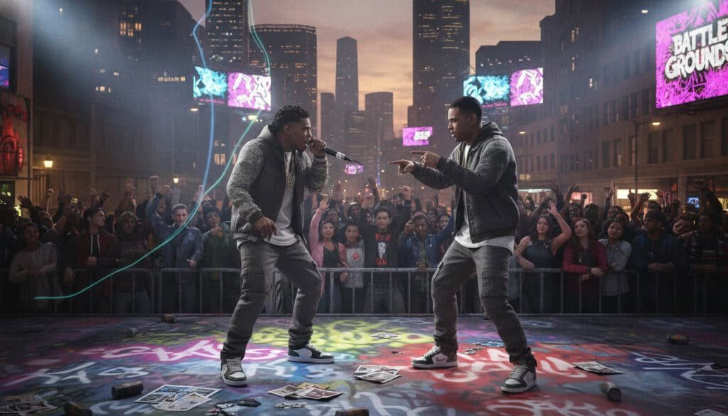 Two rappers performing a battle on stage with a crowd in the background.