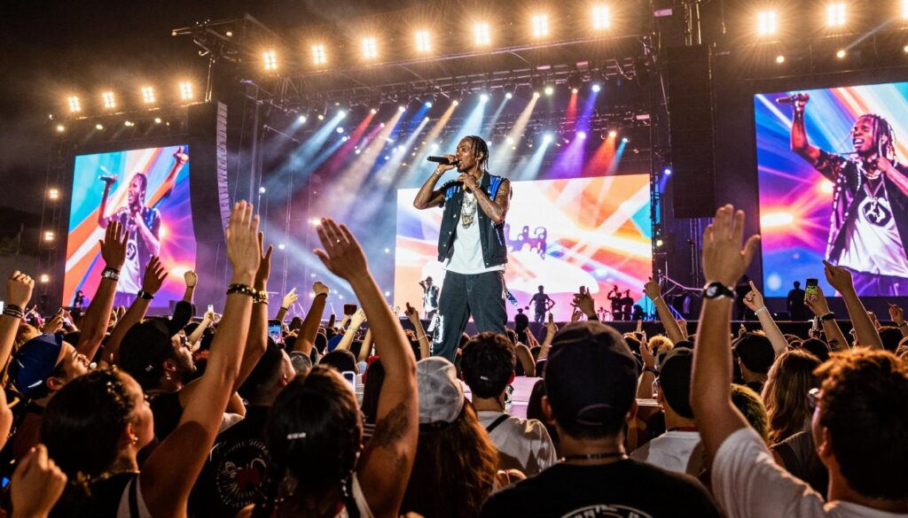 A dynamic scene capturing Travis Scott performing live at a festival, surrounded by an electrifying crowd immersed in the music. In the foreground, a diverse group of fans dressed in casual attire, expressing excitement and energy, some with hands raised and phones capturing the moment. The middle features Travis Scott on stage, passionately engaging with his audience, wearing stylish urban attire, and surrounded by dramatic stage lighting. The background shows a colorful, illuminated stage with vibrant lights and large screens displaying dynamic visuals. The atmosphere is lively and energetic, conveying the thrill of live music in a post-pandemic world, filled with hope and connection. The perspective is from slightly below the stage, emphasizing Travis's commanding presence.