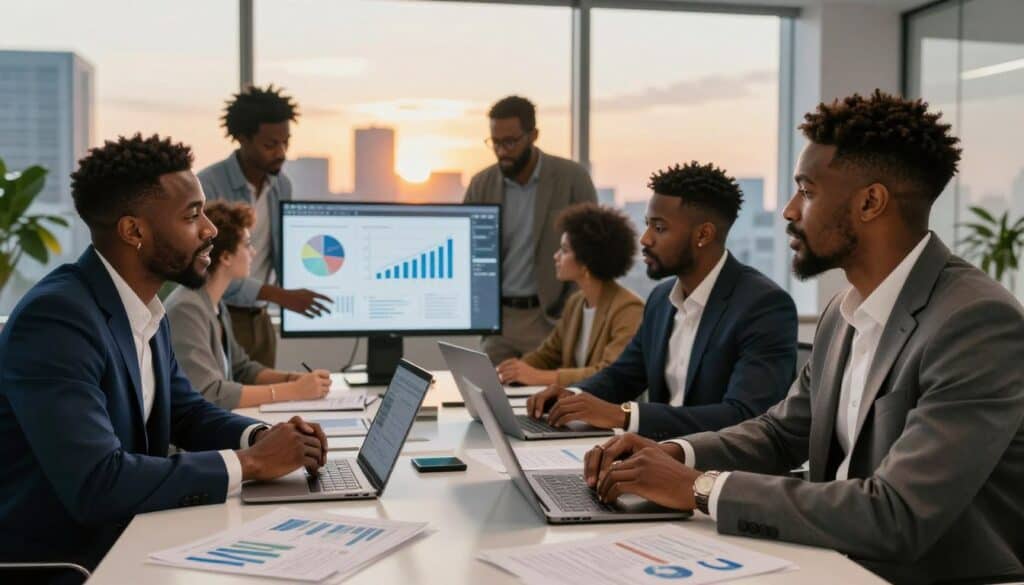 A dynamic scene showcasing rappers in a modern office environment, emphasizing their transition into tech and venture capital. In the foreground, two confident Black rappers in professional business attire—one in a sharp navy suit and the other in a stylish blazer—are engaged in a discussion around a sleek conference table filled with laptops and business plans. In the middle ground, diverse team members collaborate, looking at digital screens displaying graphs and innovative ideas. The background features large windows with a city skyline at sunset, casting warm, golden light that creates a vibrant and optimistic atmosphere. The overall mood is inspiring and progressive, capturing the essence of entrepreneurship and creative business ventures in the music industry.