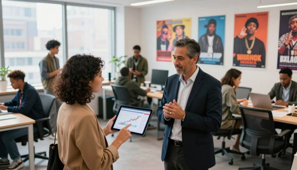 Professional discussion in a modern office with hip-hop posters on the wall.