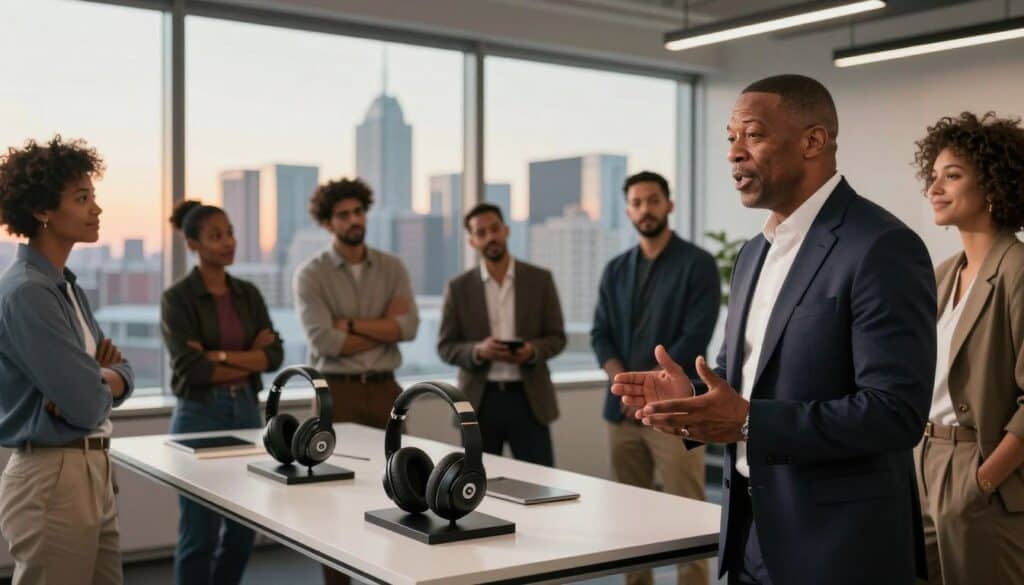 A modern, stylish office space showcasing the influence of Dr. Dre and Beats Electronics. In the foreground, an elegantly dressed business professional, resembling Dr. Dre, is discussing innovative ideas with a diverse group of energetic individuals, all wearing smart casual business attire. The middle ground features sleek Beats headphones and modern sound equipment displayed on a designer table, emphasizing a blend of technology and creativity. In the background, large windows reveal a vibrant city skyline illuminated by warm sunset light, creating a dynamic and inspiring atmosphere. The overall mood is one of collaboration and forward-thinking, with soft shadows and a focus on the subjects to highlight the connection between music and business ventures.