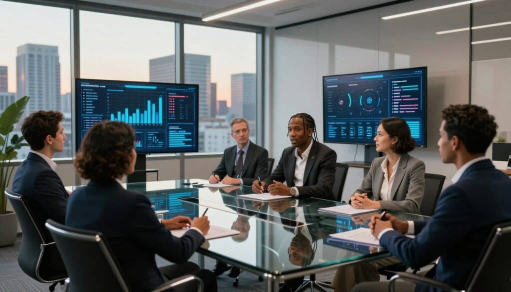 A sleek modern office space featuring a large glass conference table with Travis Scott seated at one end, dressed in stylish business casual attire, discussing a tech investment with a diverse group of professionals. The group is engaged in a brainstorming session, surrounded by futuristic digital displays showcasing graphs and data related to innovation. In the background, a city skyline with high-tech buildings is visible through large windows, reflecting the evening sun, creating a warm and inviting atmosphere. Soft, ambient lighting illuminates the space, creating a professional and inspiring mood. The camera angle is slightly elevated, capturing both the participants’ expressions and the innovative technology that defines Travis’s ventures.