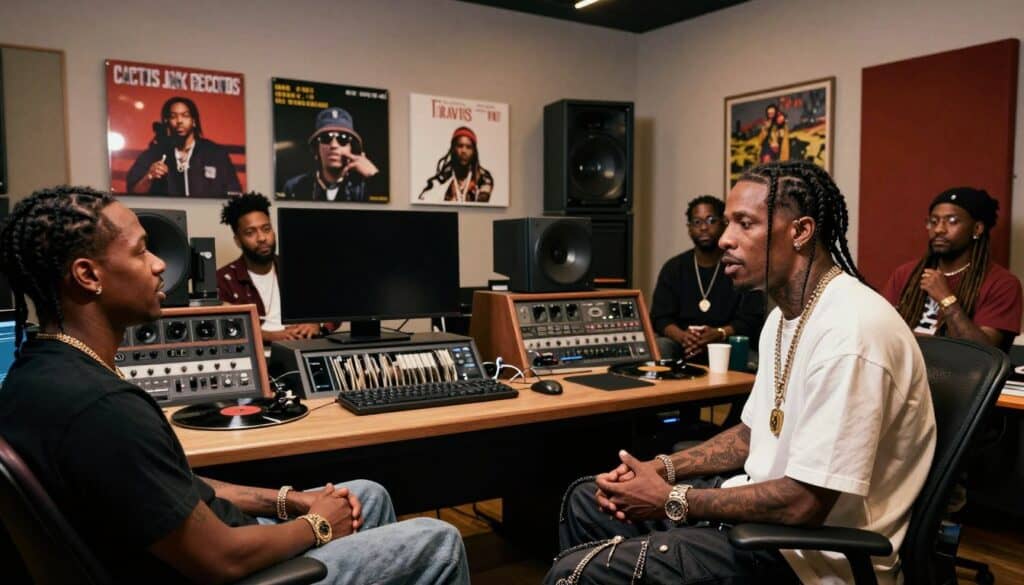 A sleek, modern studio environment representing Cactus Jack Records, with Travis Scott at the forefront, dressed in stylish casual attire, confidently discussing ideas with a diverse group of producers and musicians. In the middle ground, high-tech audio equipment and vinyl records create a vibrant atmosphere, showcasing the fusion of creativity and business. The background features wall art inspired by Travis's album covers, with ambient lighting that casts a warm glow, highlighting the dynamic and innovative essence of the music industry. The overall mood is collaborative and energetic, with a sense of ambition and forward-thinking, filmed from a slightly low angle to emphasize the significance of the moment.