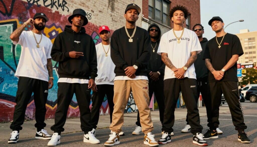 A stylish urban scene showcasing the essence of hip hop apparel, featuring a diverse group of models wearing the best designs from top mogul-led clothing brands. In the foreground, individuals stand confidently, showcasing streetwear including oversized hoodies, graphic tees, stylish joggers, and exclusive sneakers. The middle ground includes a vibrant graffiti backdrop and fashion-forward accessories, like caps and statement jewelry, adding to the authenticity. The background features a bustling cityscape, hinting at an urban lifestyle. The lighting is warm and inviting, creating a dynamic atmosphere with highlights that reflect off the apparel. The shot is angled slightly from below to empower the subjects, conveying confidence and style without any text or logos, perfectly encapsulating the rise of hip hop fashion empires.