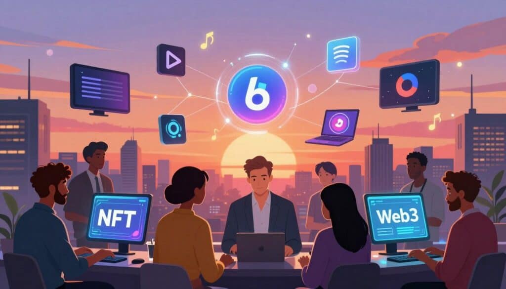 A vibrant and dynamic illustration depicting decentralized platforms transforming the music industry. In the foreground, a diverse group of musicians and producers, dressed in professional business attire, interact with futuristic digital interfaces showcasing NFTs and Web3 technologies. In the middle ground, various abstract representations of popular decentralized platforms and blockchain elements float, symbolizing connectivity and innovation. The background features a city skyline at sunset, with vivid colors illuminating the sky, creating an optimistic and inspiring atmosphere. Illuminated nodes and musical notes intertwine throughout the composition, reflecting the integration of music and technology. The image is captured with a wide-angle lens, enhancing depth and perspective, while soft, ambient lighting adds warmth and energy to the scene, inspiring a sense of community and creativity in the evolving music landscape.