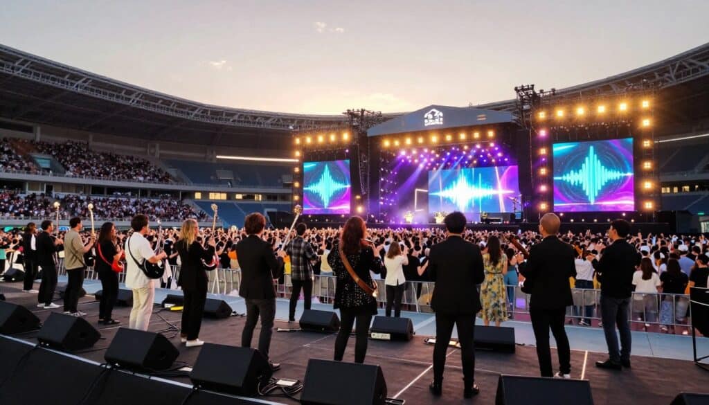 A vibrant and dynamic scene depicting a large outdoor performance stage set for a major music event. In the foreground, a diverse group of musicians, dressed in stylish yet professional attire, prepare to lift their instruments and engage an enthusiastic crowd. The middle ground features the elaborate stage design, adorned with colorful lights and high-tech screens displaying sound waves and imagery. The background showcases a packed stadium under a glowing sunset, the audience radiating excitement and energy. Soft, dramatic lighting illuminates the performers, creating a captivating atmosphere that reflects anticipation for a memorable setlist. The angle captures the scene from a slight elevation, giving a sense of scale to the stadium and emphasizing the grandeur of the upcoming performance.