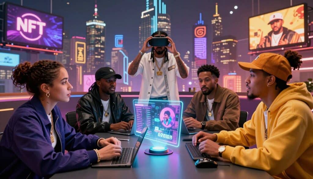 A vibrant and dynamic scene depicting the future of the hip-hop music industry focused on NFTs and Web3 technology. In the foreground, a diverse group of four music industry professionals in modern, stylish outfits are engaged in a lively brainstorming session around a high-tech table adorned with holographic displays showcasing music charts and digital artwork. In the middle ground, a futuristic city skyline is illuminated by colorful lights, with virtual reality elements integrating seamlessly into the urban landscape. The background features billboards displaying iconic hip-hop symbols and animated NFT art. The scene is bathed in a warm, inspiring glow, suggesting innovation and creativity, captured from a slightly elevated angle to emphasize the action and energy.
