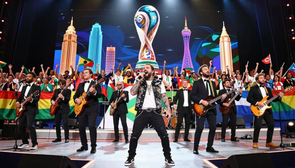 A vibrant and energetic scene depicting the evolution of music and entertainment during the FIFA World Cup, featuring a diverse group of musicians in professional attire performing on a grand stage. In the foreground, a charismatic pop artist, inspired by Post Malone, is energetically singing into a microphone, surrounded by musicians playing various instruments. The middle ground showcases an enthusiastic crowd, holding flags and cheering, embodying the spirit of global unity. In the background, iconic landmarks from past World Cups are illuminated, accompanied by colorful, dynamic lighting that enhances the festive atmosphere. Use a wide-angle lens for depth, capturing the excitement and connection between music and sports in a joyous celebration. The mood is upbeat and festive, reflecting the impact of music on international sports events.