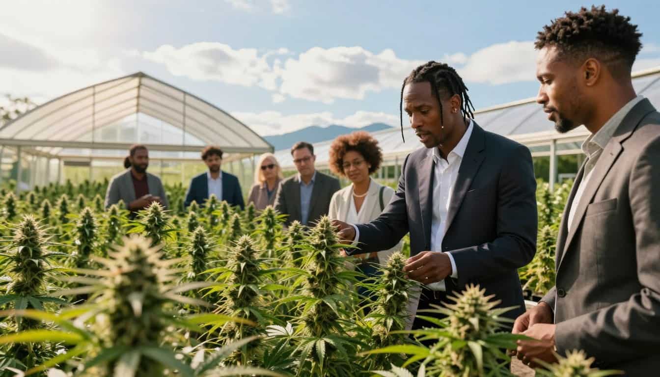 A vibrant cannabis farm scene featuring Travis Scott as a professional entrepreneur discussing his latest venture. In the foreground, a diverse group of business professionals, including Travis wearing smart casual attire, are examining high-quality cannabis plants cultivated in neat rows under bright sunlight. In the middle ground, lush greenery and well-maintained rows of cannabis plants stretching toward a modern greenhouse. In the background, a clear blue sky with soft clouds, and distant mountains, emphasizing the natural beauty surrounding the farm. The scene is illuminated with warm, golden light to create an inviting and prosperous atmosphere, captured from a low angle to highlight the plants' health and the excitement of the people involved in this innovative business venture.