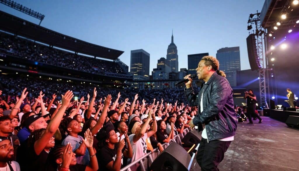 A vibrant live music event featuring Jay-Z on stage in a large New York stadium. In the foreground, Jay-Z, dressed in stylish yet casual attire, passionately engaging with the crowd, illuminated by dynamic spotlights. The middle ground showcases enthusiastic fans, hands raised, immersed in the performance, capturing the essence of a lively concert atmosphere. The background reveals iconic New York City skyline vistas under a twilight sky, creating a sense of location and grandeur. Use a wide-angle lens to enhance the expansive feel of the crowd and stage. The overall mood is electrifying and celebratory, with colorful stage lights adding to the excitement of the evening.