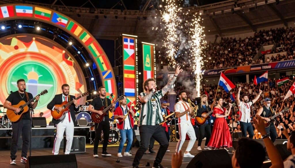 A vibrant scene capturing a FIFA World Cup closing ceremony performance featuring a diverse group of musicians and dancers. In the foreground, a charismatic performer, resembling Post Malone, is passionately engaging with the audience, dressed in stylish casual attire. Surrounding him are musicians playing live instruments, showcasing a blend of modern and traditional sounds. The middle ground features a large, colorful stage adorned with dynamic lighting and visuals, reflecting various national flags and cultural motifs. In the background, a packed stadium fills with excited fans waving flags and celebrating, illuminated by spectacular fireworks. The atmosphere is electric and festive, encapsulating the spirit of unity in music and sports. The image is infused with rich colors, emphasizing warmth and energy, with a dynamic angle capturing the action up close.