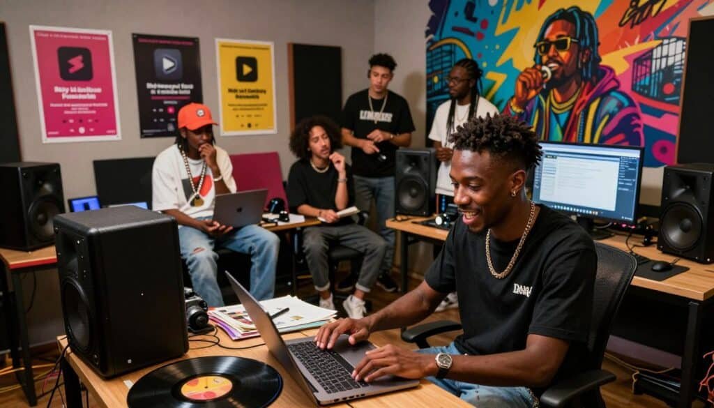 Music producers and artists collaborating in a vibrant studio environment.
