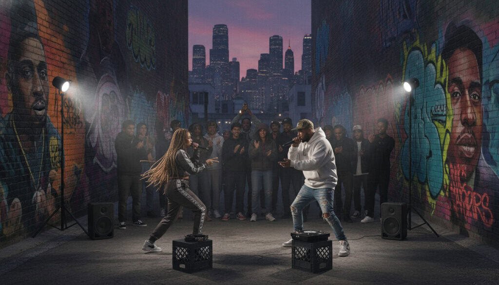 Two dancers competing in a street dance battle in an urban alley with graffiti walls.